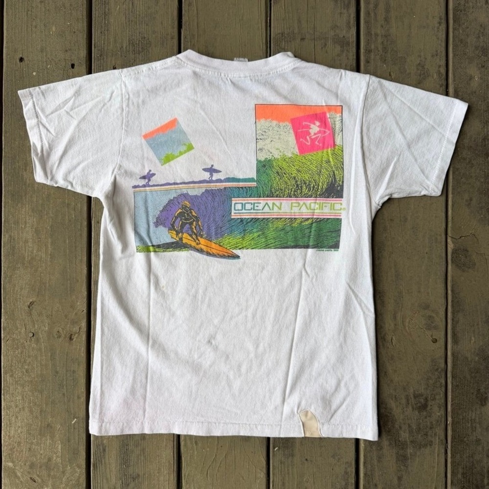 Ocean Pacific Vintage 1986 Surf T-Shirt White Neon Graphic 80s Retro OP Small